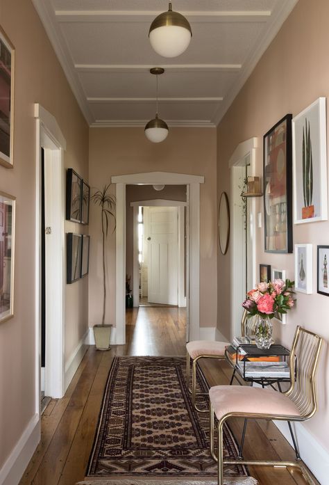 Wall Colours For Hall, Pink Hallway Ideas, Bungalow Hallway Ideas, Hallway Wall Colors, Pink Hallway, Best Wall Colors, Hallway Paint, Bungalow Interiors, Hallway Colours