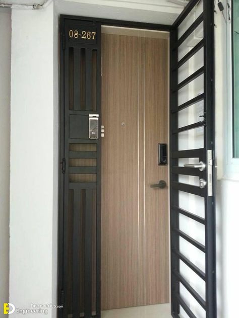 Creative Safety Door Design Ideas With Grill To Secure Your home | Engineering Discoveries Grill Door Design Front Entry Indian, Safety Door Design, Apartment Front Doors, Security Door Design, Iron Security Doors, Window Grills, Grill Designs, Modern Window Grill, Open Living Room Design