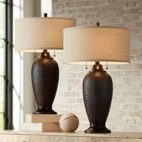 360 Lighting Modern Table Lamps Set of 2 Hammered Oiled Bronze Oatmeal Linen Drum Shade for Living Room Family Bedroom Office - Walmart.com Farmhouse Table Lamps, Replacement Lamp Shades, Rustic Farmhouse Table, Rustic Table Lamps, Lamps For Living Room, Industrial Table Lamp, Bronze Lamp, Bronze Table Lamp, Table Lamps Living Room