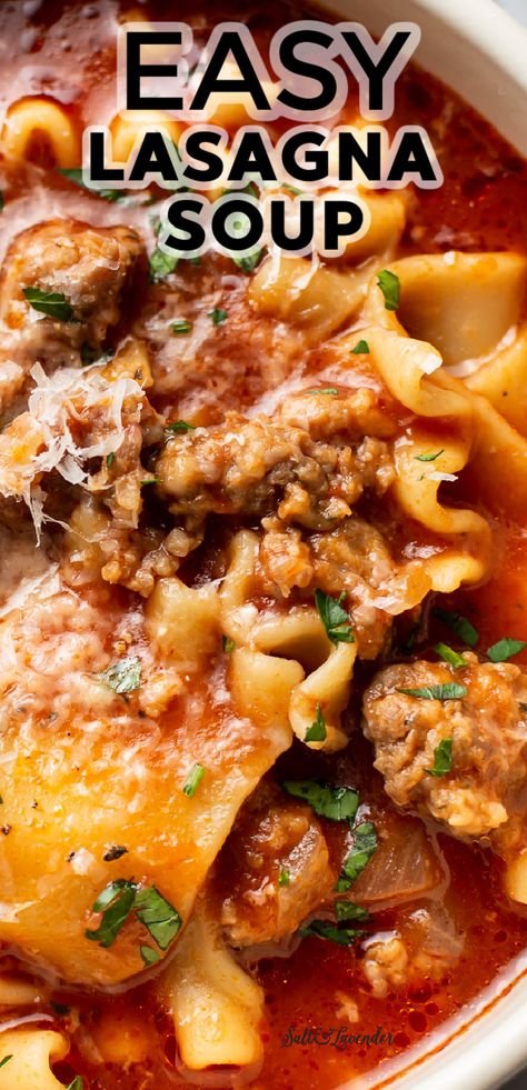 Italian Sausage Lasagna, Easy Lasagna Soup, Sausage Lasagna, Lasagna Soup Recipe, Italian Sausage Recipes, Lasagna Noodles, Homemade Soup Recipe, Tomato Broth, Italian Soup