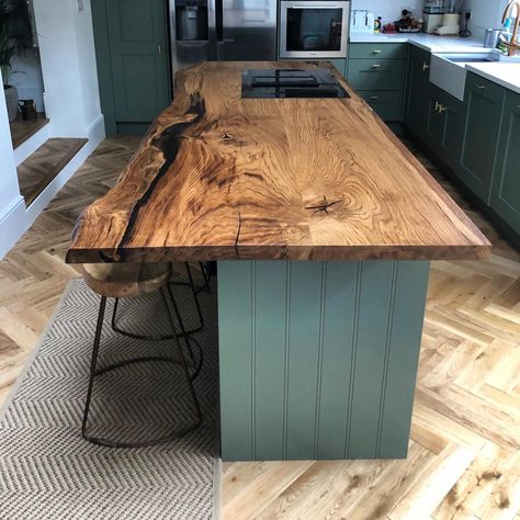 Wooden Kitchen Countertops Rustic, Wooden Kitchen Island Rustic, Colored Island With Wood Cabinets, Wood Kitchen Island Top, Wood Kitchen Island Countertop, Natural Wood Countertops, Solid Wood Kitchen Worktops, Contemporary Farmhouse Kitchen, Kitchen Hearth