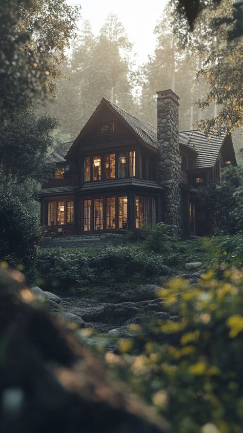 Mysterious Forest Dwelling with Huge Windows Rustic Mansion, Window From Outside, House In The Woods Aesthetic, Forest Homes, Forest House Aesthetic, Large Cottage, Forest Cottage, Huge Windows, Forest Landscape