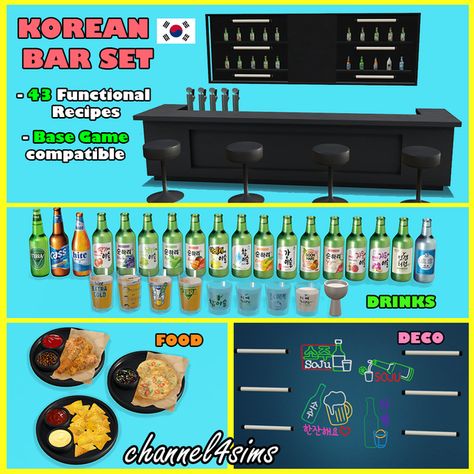 TS4: Korean Bar Set | Patreon Sims 4 Cc Alcohol, Korean Bar, Korean Drinks, The Sims 4 Custom Content, Beer Dispenser, Crispy Fried Chicken, Big Mirror, Bottle Display, Bottle Wall