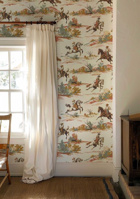 Inspired by Nature!  Saddle up for a trip to the Old West with this charming self adhesive wallpaper!  Featuring vintage western scenes, cowboys on horses, and picturesque landscapes in soft pastel colors, this design brings a touch of nostalgic adventure to any room. This peel and stick removable wallpaper is perfect for creating a rustic, frontier-inspired atmosphere with a hint of romanticism.  Renters rejoice!  It's remarkably easy to apply (no special tools, glue or adhesive necessary), and Half Wall Wallpaper Nursery, Bullrider Wallpaper, Vintage Wallpaper Accent Wall, Vintage Cowboy Bedroom, Farm Aesthetic Wallpaper, Cowboy Room Boys, Vintage Western Wallpaper, Vintage Little Boys Room, Rodeo Wallpaper