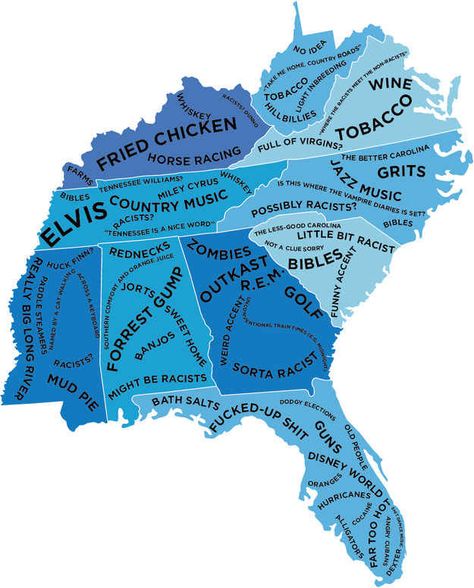 The South East. | The Stereotype Map Of Every U.S. State — According To British People Funny Maps, Map Quotes, Nc Map, North Carolina Map, Dirty South, Living In London, Brothers Sisters, British People, Travel Map