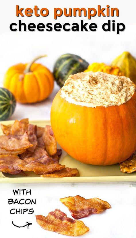 This sweet and creamy keto pumpkin cheesecake dip recipe is perfect with salty bacon chips. This salty and sweet combination makes an awesome keto party food and just one tablespoon of cheesecake dip has 0.7g carbs! Bariatric Halloween Recipes, Keto Pumpkin Dip With Cream Cheese, Keto Pumpkin Cheesecake Dip, Low Carb Pumpkin Dip, Keto Pumpkin Pie Dip, Keto Pumpkin Dip, Keto Halloween Dinner, Keto Dessert Dip, Keto Halloween Appetizers