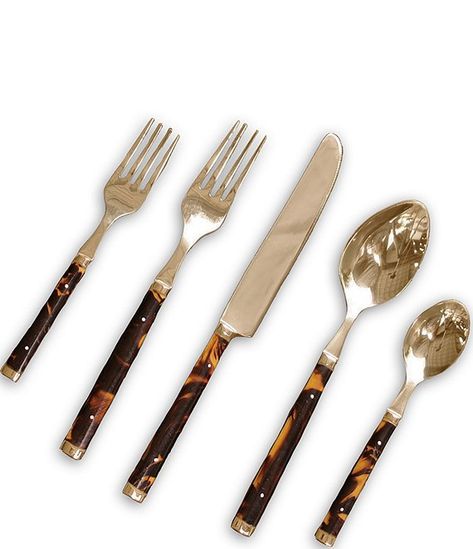 Beatriz Ball Vida Tortoise And Gold 5-Piece Stainless Steel Flatware Set | Dillard's Aesthetic Knife Set, Tortoise Shell Aesthetic, Tortoise Shell Decor, Kitchen Plates, Kitchen Wear, Beatriz Ball, Vintage Dishware, Gold Flatware, Future Apartment