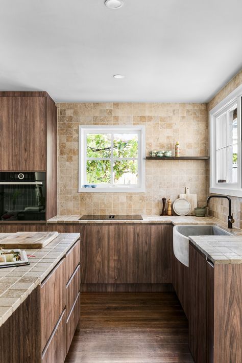 Keilor — Vision Design Studio Wooden Benchtop Kitchen, Wooden Benchtop, Tile Countertops Kitchen, Kitchen Slab, Old World Kitchens, Splash Backs, Vision Design, Travertine Tiles, Kitchen Benchtops