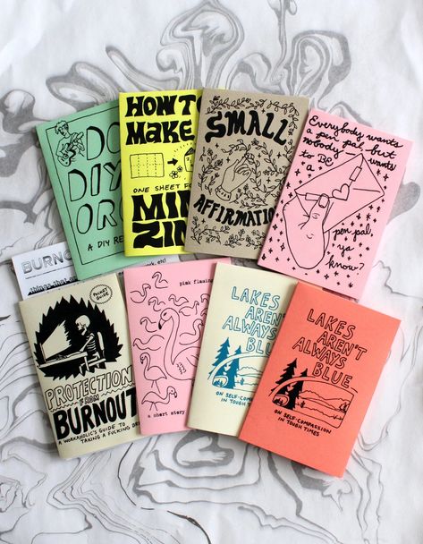 Choose 4 Zines Illustrated Mini Zine Bundle - Etsy Zine Themes Ideas, Zine Examples Inspiration, Zine Layout Ideas, Zine Design Ideas Inspiration, Mini Zine Ideas, Zine Cover Ideas, Zine Pages, Zine Topics, Zines Design