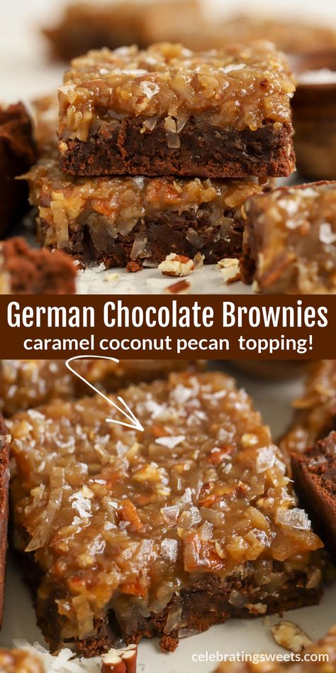 Overhead view of German chocolate brownies cut into bars with a caramel coconut pecan topping. Brownie Decorating Ideas Thanksgiving, German Chocolate Bars Easy, Snack Ideas For Get Togethers, German Chocolate Cake Brownies, Variety Of Brownies, Flavored Brownie Recipes, Main Dishes With Ground Beef, Easy Meals For Large Crowds, German Chocolate Topping