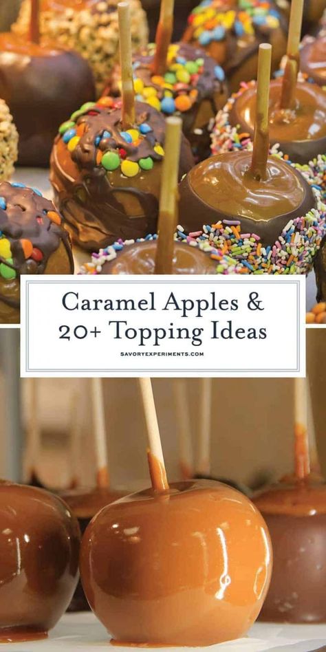 20+ Ideas for Caramel Apples The Classic Halloween Treat - Classic caramel apples recipe with 20+ ideas to roll them in from nuts to candy. Perfect for a fall dessert idea or a Halloween treat! #20ideasforcaramelapples Desert Snacks, Apple Topping, Gourmet Candy Apples, Caramel Apple Bars, Gourmet Caramel Apples, Candy Apple Recipe, Caramel Apples Homemade, Caramel Apples Recipe, Gourmet Apples