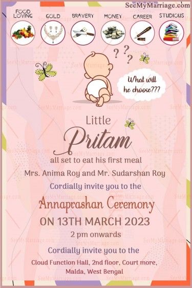 Pink Annaprashan Invitation Card Cute Cartoon Baby – SeeMyMarriage Annaprashan Card Design, Baby Annaprasana Ideas, Annaprashan Invitation, Thali Decoration, Thali Decoration Ideas, Pink Theme, Baby Invitations, Pink Themes, Baby Cartoon