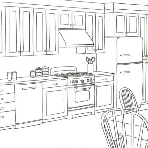 Directed Drawing Kindergarten, Coloring Pages Aesthetic, Pages Aesthetic, Kitchen Drawing, Drawing Interior, Interior Design Renderings, House Colouring Pages, Interior Design Drawings, Coloring Pages Inspirational