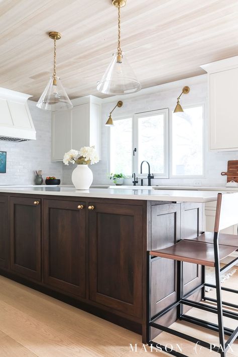 Warm White Kitchen with Wood Island - Maison de Pax White Kitchen Wood Island, Kitchen Wood Island, White Kitchen With Wood Island, Kitchen With Wood Island, Warm White Kitchen, Walnut Kitchen Island, Dark Wood Kitchen Cabinets, Natural Wood Kitchen, Off White Kitchens