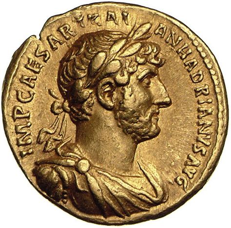 ca.119-122 CE Aureus Issued by Hadrian: (obverse) Head of Hadrian Gold Diam. 1.9 cm Context:Minted in Rome, RIC II 109. Inventory Number:18204275 Lender:Münzkabinett, Staatliche Museen zu Berlin. Treasure Coin, Ancient Roman Coins, Ancient Greek Coin, Sell Coins, Greco Roman, Valuable Coins, Ancient Coin, Greek Coins, Ancient Origins