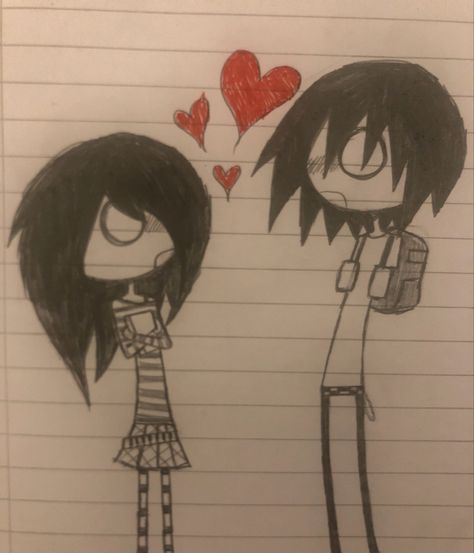 Scene Couple Drawing, Emo Drawings On Paper, Scene Couple Art, Scene Drawings Sketches, Scene Drawings 2000s, Cute Emo Drawings, Scene Drawing Style, Emo Drawing 2000s, Emo Couple Drawing