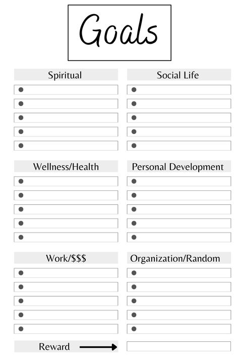 Planner Categories Ideas, Goal Sheet Template, Goals Categories, Goal Categories, Life Categories, Goals Chart, Workout Log Printable, Goal Calendar, Weekly Fitness Planner