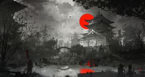 ArtStation - Osaka Castle concept 2h, Zudarts Lee Anime, Osaka, Water, Red Sunset, Blood Red, The Sky, Black And White, Red, White