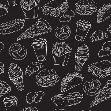 Fast food seamless pattern with | Premium Vector #Freepik #vector #background #pattern #food #vintage Fast Food Background, Fast Food Nutrition, Black And White Food, Cat Pattern Wallpaper, Food Vintage, Background Food, Food Background, Food Vector, Food Doodles