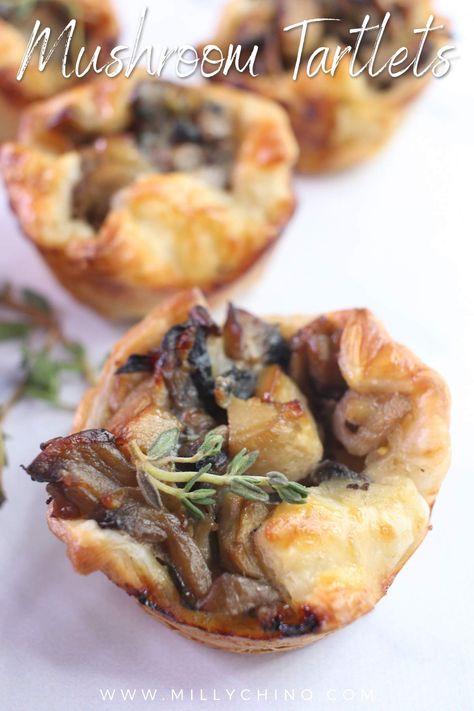 Mushroom Tartlets - Easy Puff Pastry Recipe - Milly Chino Creamy Mushroom Tartlets, Creamy Mushroom Tart, Mushroom Pinwheels Puff Pastries, Mushroom Gruyere Puff Pastry, Mushroom Phyllo Cups, Mushroom Strudel Puff Pastry, Mushroom Puff Pastry Appetizers, Mushroom Tarts Appetizer, Vegan Puff Pastry Recipes Savory