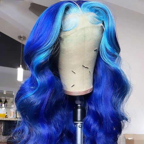 Ombre Blue Wig 100% Real Human Hair – SULMY Blue Lace Front Wig, Colorful Wig, Frontal Wig Hairstyles, Wavy Wigs, Invisible Lace, Blue Wig, Pretty Hair Color, Human Virgin Hair, Colored Wigs