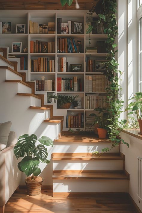 Ideal Staircase Ideas - Remodr Living Room To Garden, Staircase Design Small House, Passage Under Staircase, Built In Bookshelves Staircase, Bookshelf In Stairs, Home Library Stairs, Staircase Wall Bookshelf, Boxed In Staircase, Bookshelf On Stairs