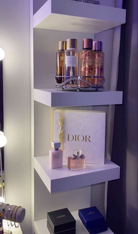 Girls Bedroom Vanity, Luxury Girls Bedroom, Dior Room, Victoria Secret Bedroom, Girly Perfume, Perfume Decor, Secret Bedroom, Vanity Shelf, Desk Organisation