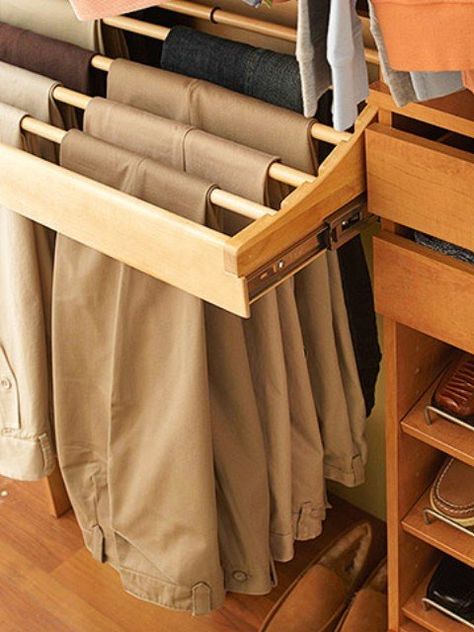 Pants organizer...love it! Now if I can figure out how to MAKE one, instead of buying one.... :) Trouser Rack, Pants Organization, Closet Organizer With Drawers, Organized Closet, Walking Closet, Closet Drawers, Dream Closets, غرفة ملابس, Drawer Organizers