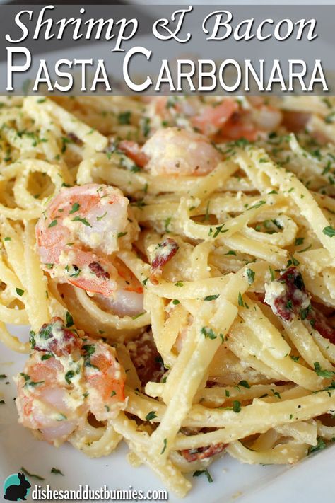 Spaghetti Carbonara With Shrimp, Cabanara Pasta Recipe Chicken Carbonara, Cabanara Pasta Recipe Bacon, Shrimp Carbonara Pasta, Shrimp And Bacon Pasta, Shrimp Carbonara, Shrimp And Bacon, Pasta Bacon, Pasta A La Carbonara