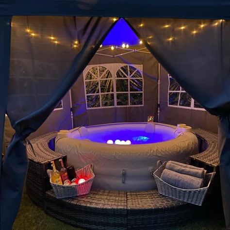 Backyard Hot Tub Enclosure for Winter Fire Pit Hot Tub Combo, Diy Hot Tub Enclosure Ideas, Decks For Hot Tubs Ideas, Hot Tub Tent Ideas, Outdoor Inflatable Hot Tub Area, Inflatable Hot Tub Ideas Backyard Diy, Outdoor Hot Tub Decorating Ideas, Inflatable Hot Tub Privacy Ideas, Inflatable Spa Surround Ideas