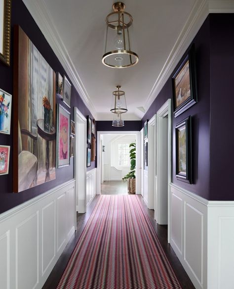 Liz Caan & Co. on Instagram: “Long hallways shall not be boring! We jazzed this Gallery up with a Missoni runner, deep Pelt walls by @farrowandball and artwork by…” Purple Hallway, Liz Caan, White Foyer, Hallway Paint Colors, Top Paint Colors, Hallway Paint, Hallway Colours, Bright Furniture, Hallway Inspiration