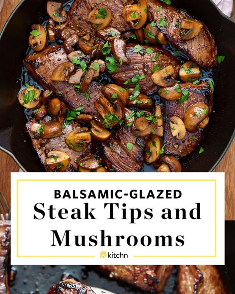 Steak Tips And Mushrooms, Dinner Mushrooms, Glazed Steak, Mushroom Bites, Balsamic Steak, Steak Bites Recipe, Steak Tips, Culinary Classes, Steak And Mushrooms