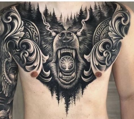 Chestpiece Tattoo Men Ideas, Small Tattoo Chest, Tattoo Female Chest, Chest Tattoo Man, Full Chest Tattoo Men, Chest Tattoos Female, Viking Tattoos For Men, Chest Tattoo Stencils, Chest Tattoo Drawings