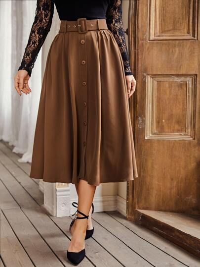 SHEIN Button Front Belted Flare Skirt | SHEIN Button Up Skirts Outfit, Flare Skirt Outfit, Brown Skirt Outfit, Long Brown Skirt, Denim Shorts Outfit, High Waist Long Skirt, Business Skirt, Stylish Short Dresses, Button Up Skirts