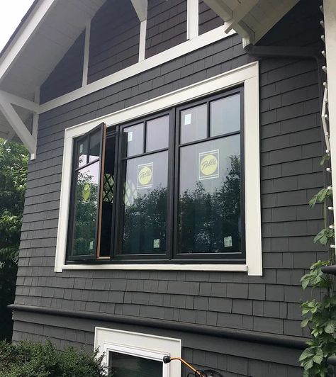 Outside Home Paint Colors, Painted Houses Exterior, Casement Windows Exterior, Black Windows Exterior, Exterior House Paint Color, Cabin Windows, Pella Windows, Seattle Homes, Black Windows