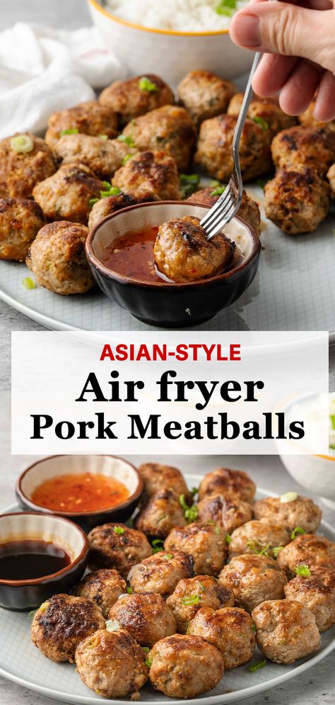 Meatballs made of ground pork, soy sauce, oyster sauce cooked in an air-fryer. Pork Sausage Meatballs Recipes, Ground Pork Appetizer Recipes, Thai Pork Meatballs, Pork Meatballs Air Fryer, Pork And Chicken Meatballs, Pork Balls Recipe, Ground Pork Meatball Recipes, Pork Meatballs Asian, Asian Ground Pork Recipes