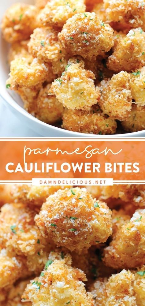 PARMESAN CAULIFLOWER BITES Fried Cauliflower Bites, Crunchy Cauliflower, Deep Fried Cauliflower, Resep Vegan, Deep Fried Recipes, Parmesan Cauliflower, Vegetable Appetizers, Veggie Fries, Vegetable Snacks