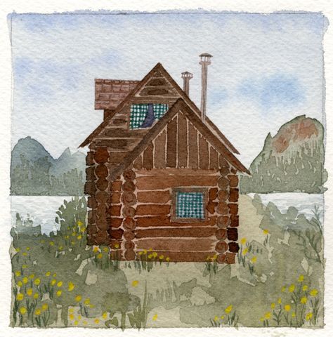 Log Cabin Modern, Alaska Painting, Cabin Art, Little Cabin, Cabins In The Woods, Pics Art, Log Cabin, Painting Inspiration, Painting & Drawing