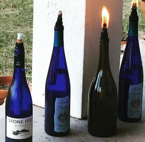 DIY Mosquito-Repellent Wine Bottle Torches — Brood Farm Wine Bottle Torches, Bottle Torch, Wine Bottle Tiki, Wine Bottle Tiki Torch, Diy Mosquito Repellent, Bug Juice, Diy Storage Rack, Glass Pebbles, Lamp Oil