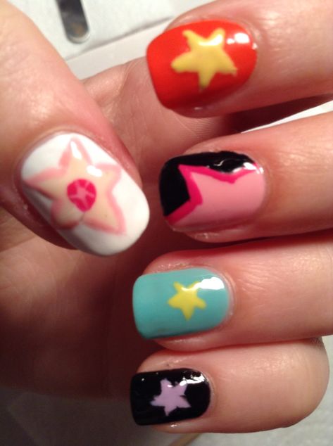 Steven Universe inspired nail art! Steven Universe Nails Art, Steven Universe Inspired Nails, Steven Universe Inspired Makeup, Steven Universe Nail Designs, Nail Art Birthday Ideas, Random Nail Art, Steven Universe Nail Art, Cartoon Inspired Nails, Steven Universe Crafts