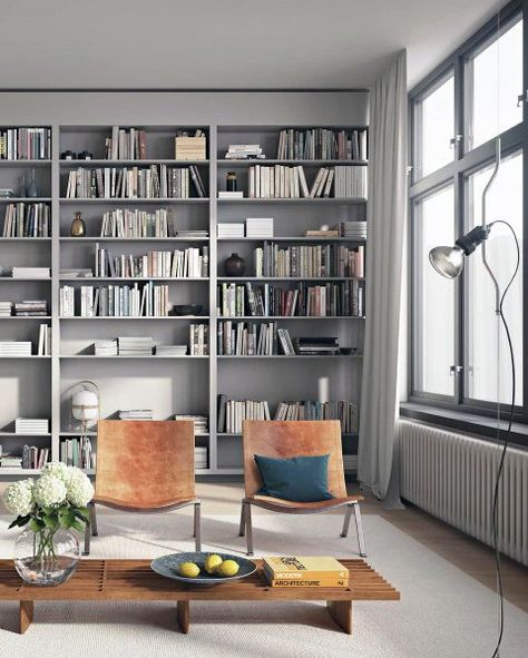 Top 70 Best Floor To Ceiling Bookshelves Ideas - Wall Storage Designs Grey Bookshelves, Bookshelves Ideas, Smart Interior Design, Floor To Ceiling Bookshelves, House Furniture Ideas, Modern Bookcases, Unique Bookshelves, Ceiling Shelves, Books Study