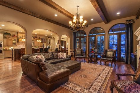 Tuscan Living Room open to kitchen Living Room Open To Kitchen, Tuscan Living Rooms, Tuscan Style Homes, Tuscan Design, Tuscan Kitchen, Mediterranean Home Decor, Tuscan House, Tuscan Decorating, Mediterranean Home