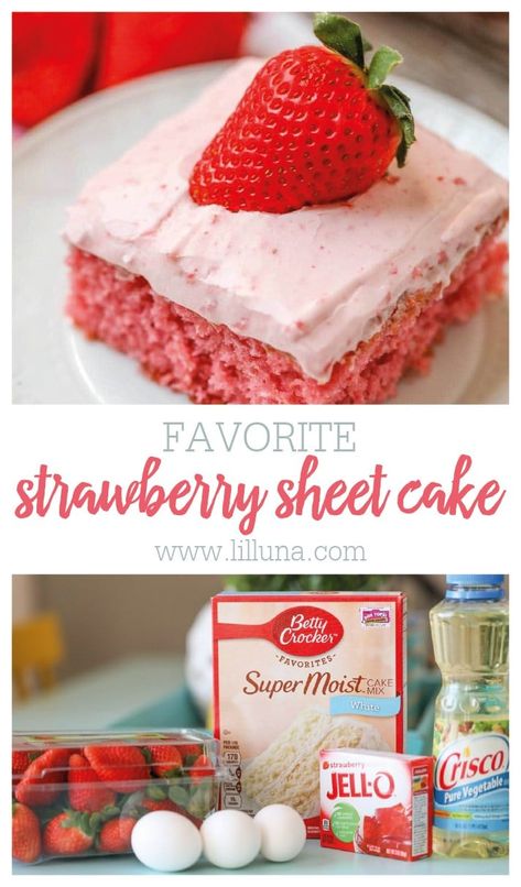 Perfect for feeding a crowd, this Strawberry Sheet Cake made with fresh pureed strawberries is especially tasty! #strawberrysheetcake #strawberrycake #sheetcake #cake #strawberry Strawberry Sheet Cake Recipe, Homemade Strawberry Frosting, Strawberry Cake Mix Recipes, Strawberry Sheet Cake, Strawberry Sheet Cakes, Delicious Strawberry Cake, Half Sheet Cake, Strawberry Cake Easy, Sheet Cake Recipe