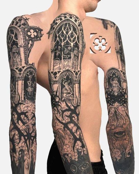 Tattoo Sleeve Alternative, Medevil Tattoo Sleeve, Gothic Backpiece Tattoo, Gothic Tattoo Sleeve Men, Big Gothic Tattoo, Gothic Full Sleeve Tattoos, Gothic Tattoo Sleeves For Women, Back Gothic Tattoo, Dark Half Sleeve Tattoo