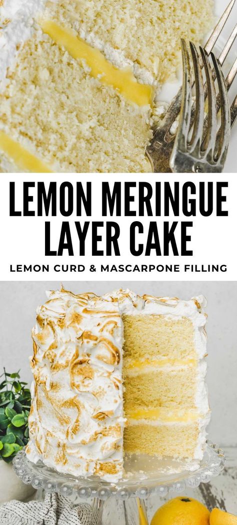 Mascarpone Filling Layer Cakes, Mascarpone Cream Cake, Lemon Mascarpone Cake, Meringue Layer Cake, Fluffy Lemon Cake, Chocolate Party Cake, Meringue Cake Recipe, Lemon Birthday Cakes, Lemon Meringue Cake