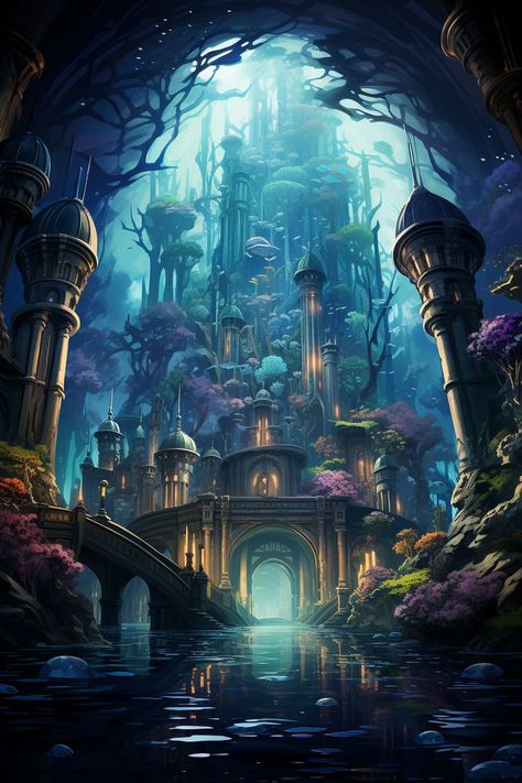 Underwater Palace, World Underwater, Fantasy Landscape Art, Underwater Kingdom, Background Fantasy, Lost City Of Atlantis, Sunken City, Underwater City, Fantasy Au