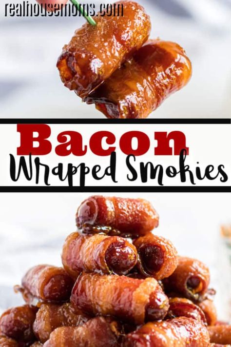 Bacon Wrapped Smokies are the ultimate holiday and game day hors d'oeuvre! The combination of smokey sausage and sweet brown sugar glazed bacon is so ridiculously tasty - it's hard to put them down! #RealHousemoms #bacon #smokies #gameday #appetizer #sausage Bacon Wrapped Weenies, Bacon Wrapped Lil Smokies, Bacon Wrapped Recipes, Wrapped Smokies, Little Smokies Recipes, Bacon Wrapped Sausages, Smokies Recipe, Bacon Wrapped Smokies, Little Smokies