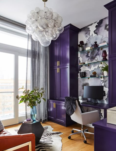 Updated Home Office Decor Ideas - Chairish Blog Purple Home Office, Purple Office, Purple Home Decor, Phillip Jeffries, Purple Wall, Purple Interior, Purple Rooms, Purple Home, Maximalist Decor