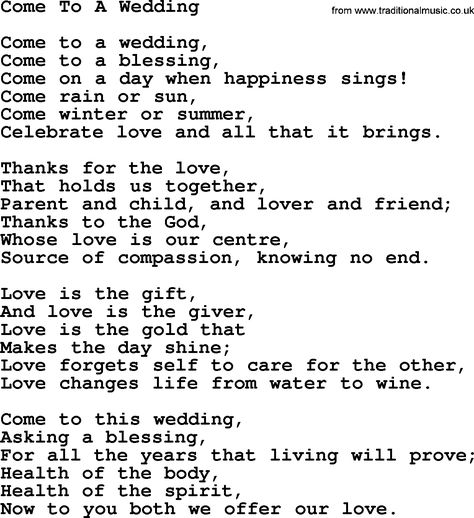 Most Popular Christian Wedding Hymns, Hymn: Come To A Wedding, lyrics and PDF Wedding Hymns, Wedding Lyrics, Weddings By Color, Water Into Wine, Christian Wedding, Church Wedding, How Many People, Diy Wedding Decorations, Wedding Beauty