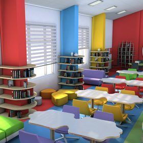 Daycare Room Design, School Library Design, Kindergarten Interior, Space Divider, Classroom Interior, School Building Design, Daycare Design, Kindergarten Design, School Interior